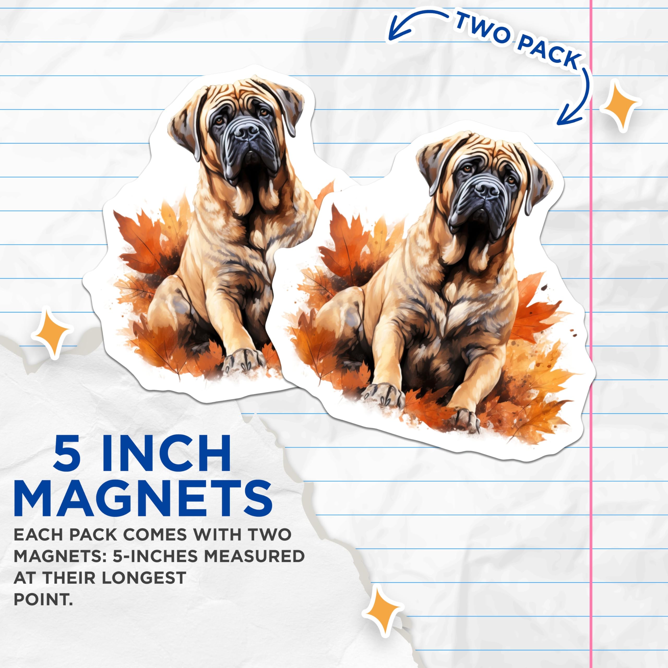 (2 Pack) Bullmastiff Dog Magnets - Autumn Leaves Decor - Refrigerator Pet Lover Accessory - 5 Inches On Longest Side - Thick Durable Magnet - Made in USA - MAG25936