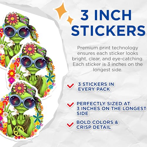 (3 Pack) Hippie Alien Decals - Flower Power - Retro Peace Sign - 3 Inches On Longest Side - Easy Peel & Apply - Made in USA - 3MCS6526
