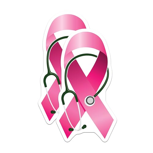 (2 Pack) Breast Cancer Awareness Stickers - Nurse Stethoscope Pink Ribbon Decal - Support Ribbon Vinyl Stickers - 5" On Longest Side - Sticks to Smooth Flat Surfaces - Made in USA - BMCS4788