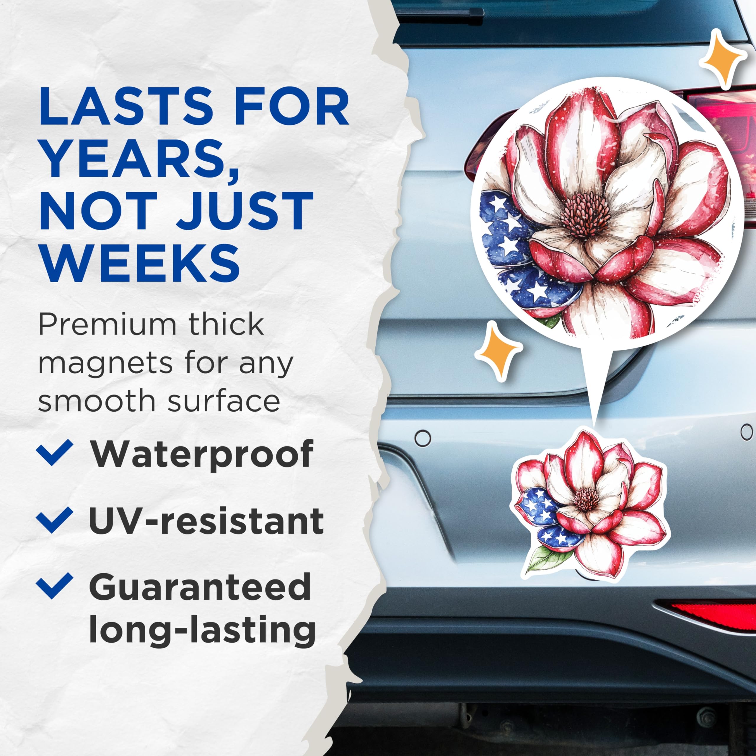 (2 Pack) Patriotic Magnolia Magnets - American Flag Flower - Fourth of July Decor - 5 Inches On Longest Side - Thick Durable Magnet - Made in USA - MAG20046