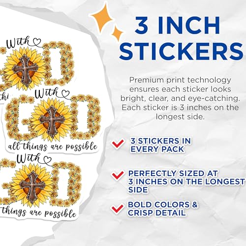 (3 Pack) Sunflower Cross Decals - Christian Laptop Decal - with God All Things are Possible Decals - 3 Inches On Longest Side - Easy Peel & Apply - Made in USA - 3MCS4972