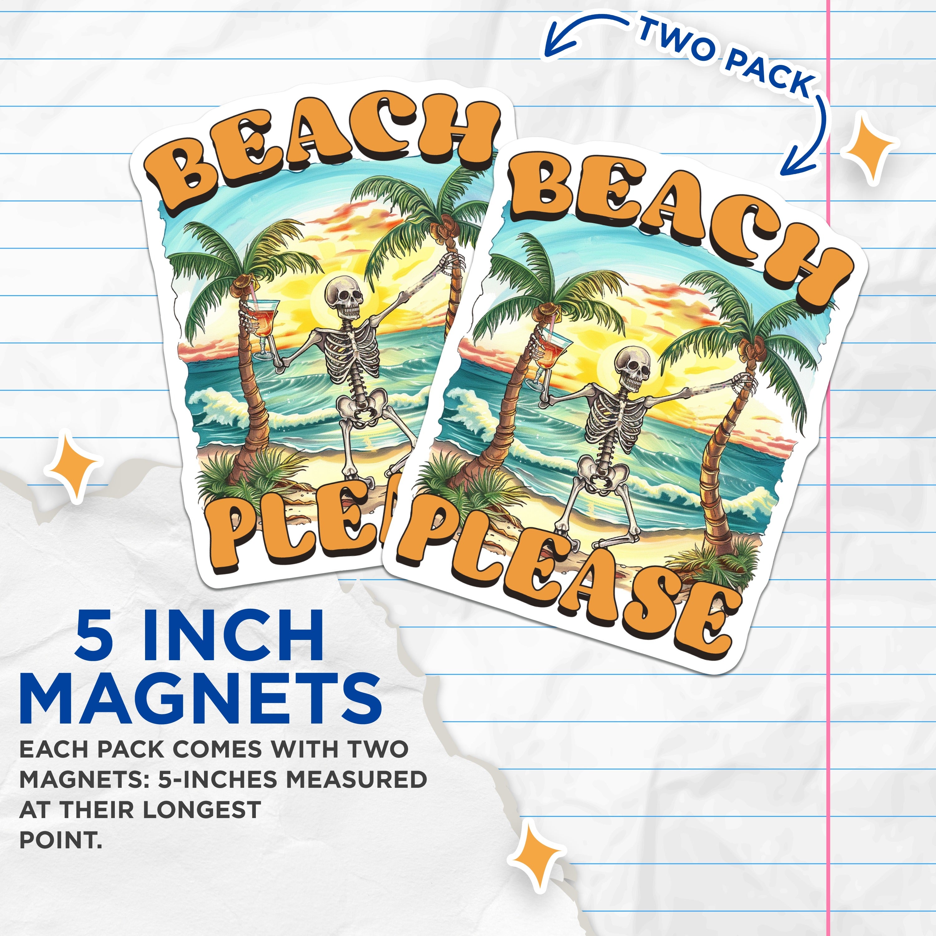 (2 Pack) Beach Please Skeleton Magnets - Retro Summer Vacation Vibes - Sarcastic Tropical Decor - Humorous Fridge Accessory - 5 Inches On Longest Side - Thick Durable Magnet - Made in USA - MAG38198