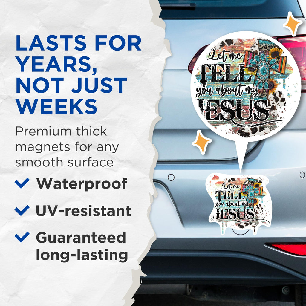 (2 Packs) Let Me Tell You About My Jesus Magnets - Positive Inspirational Christian Magnets - 5 Inch On Longest Side - Premium Magnet - for Fridges, Toolboxes, Cars - Made in USA - MAG2299