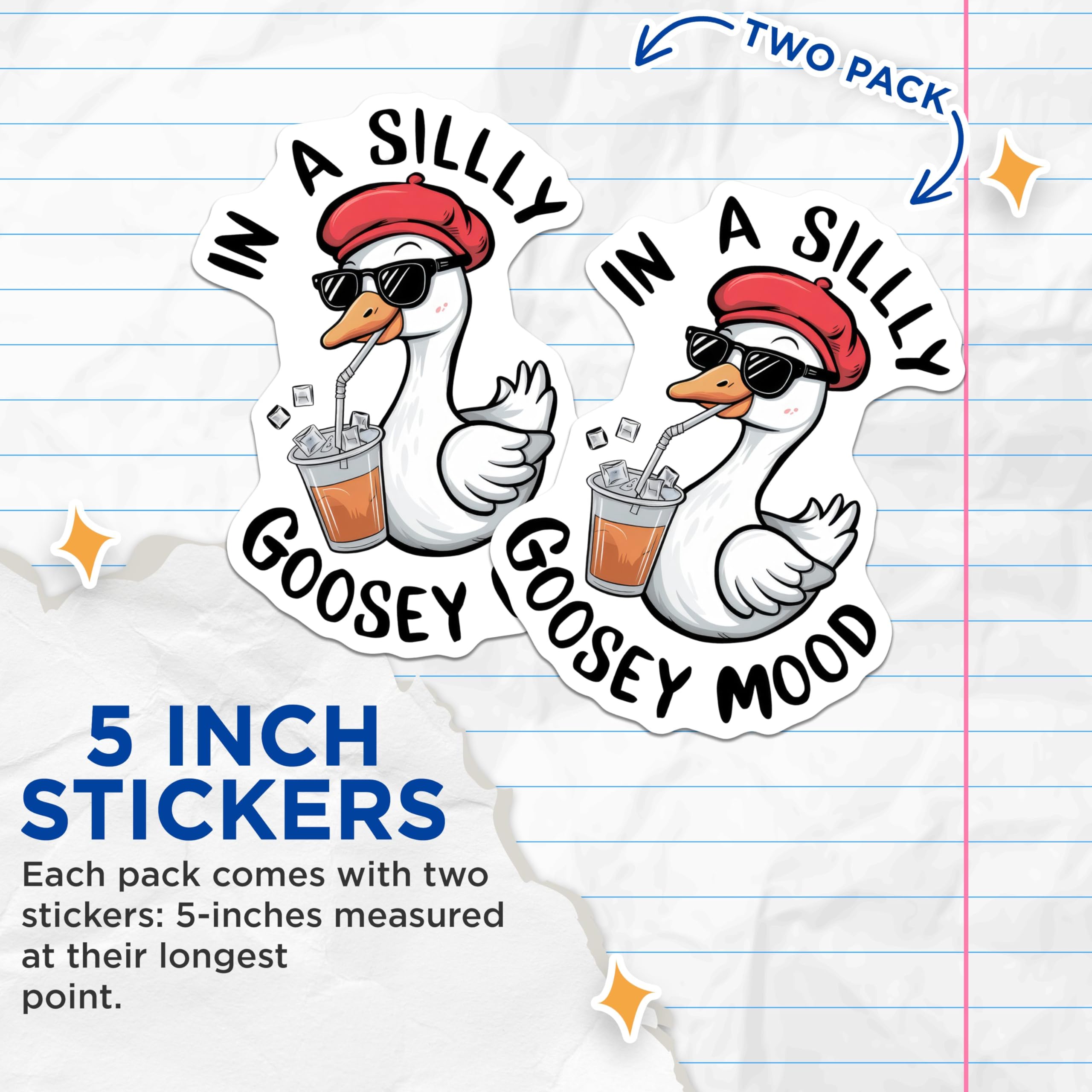 (2 Pack) in A Silly Goosey Mood Stickers - Funny Goose Stickers - Cute Animal Stickers for Laptops and Notebooks - 5" On Longest Side - Sticks to Smooth Flat Surfaces - Made in USA - BMCS4610