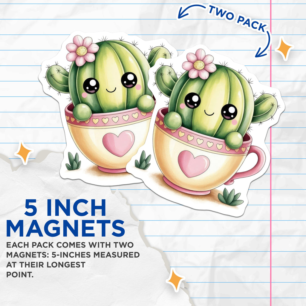 (2 Pack) Kawaii Cactus Magnets - Teacup Succulent Decor - Cute Plant Lover Fridge Magnets - 5 Inches On Longest Side - Thick Durable Magnet - Made in USA - MAG39469