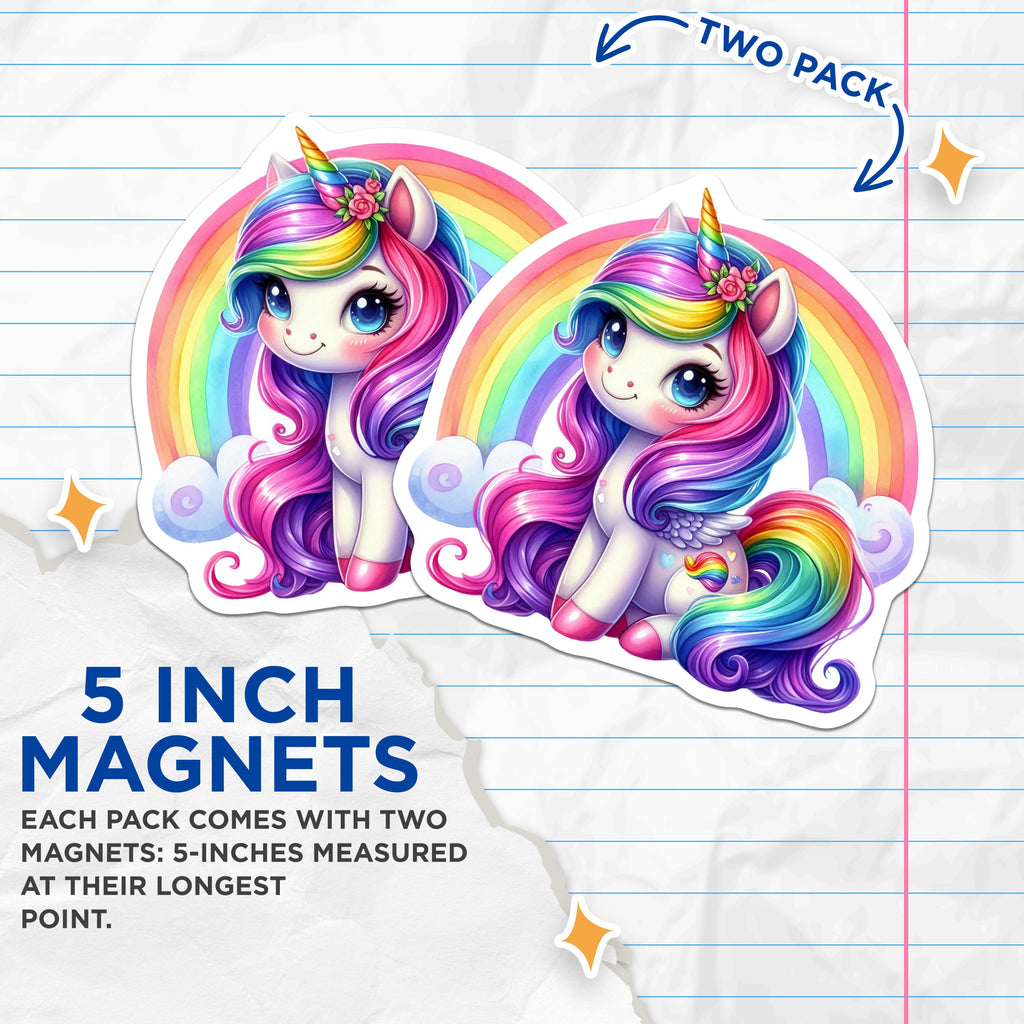 (2 Pack) Cute Unicorn Magnets - Rainbow Fantasy Decor - Kids Room Locker Fridge - 5 Inches On Longest Side - Thick Durable Magnet - Made in USA - MAG38655