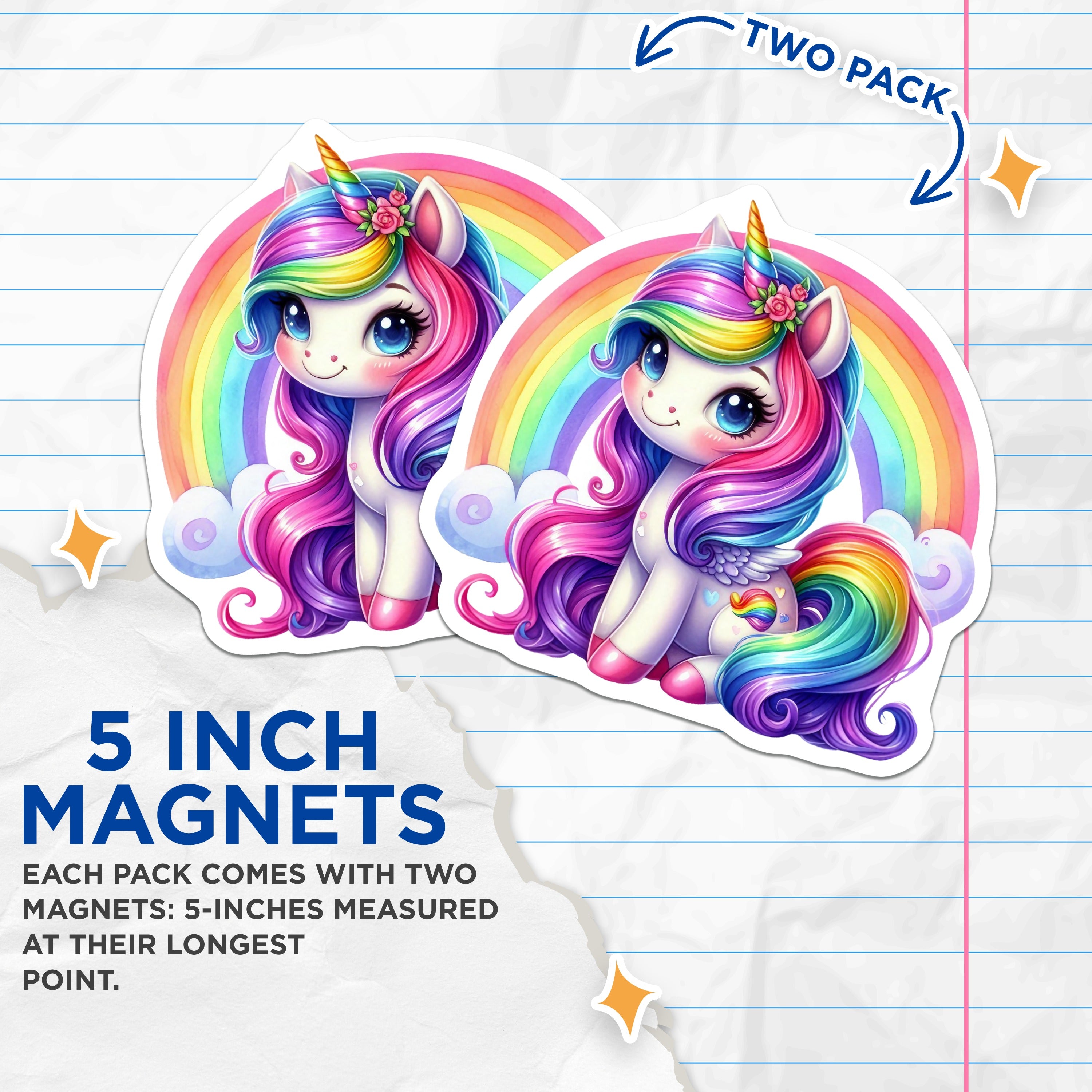 (2 Pack) Cute Unicorn Magnets - Rainbow Fantasy Decor - Kids Room Locker Fridge - 5 Inches On Longest Side - Thick Durable Magnet - Made in USA - MAG38655