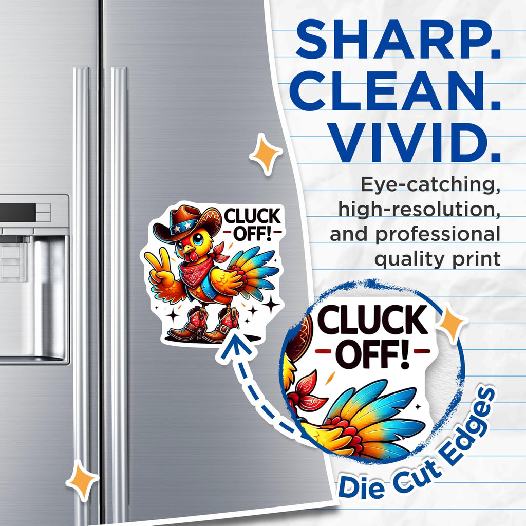 (2 Pack) Cowboy Chicken Magnets - Funny Cluck Off Phrase - Quirky Kitchen Decor - 5" On Longest Side - Premium Magnet - for Cars, Refrigerators, Toolboxes, Lockers - Made in USA - MAG14923