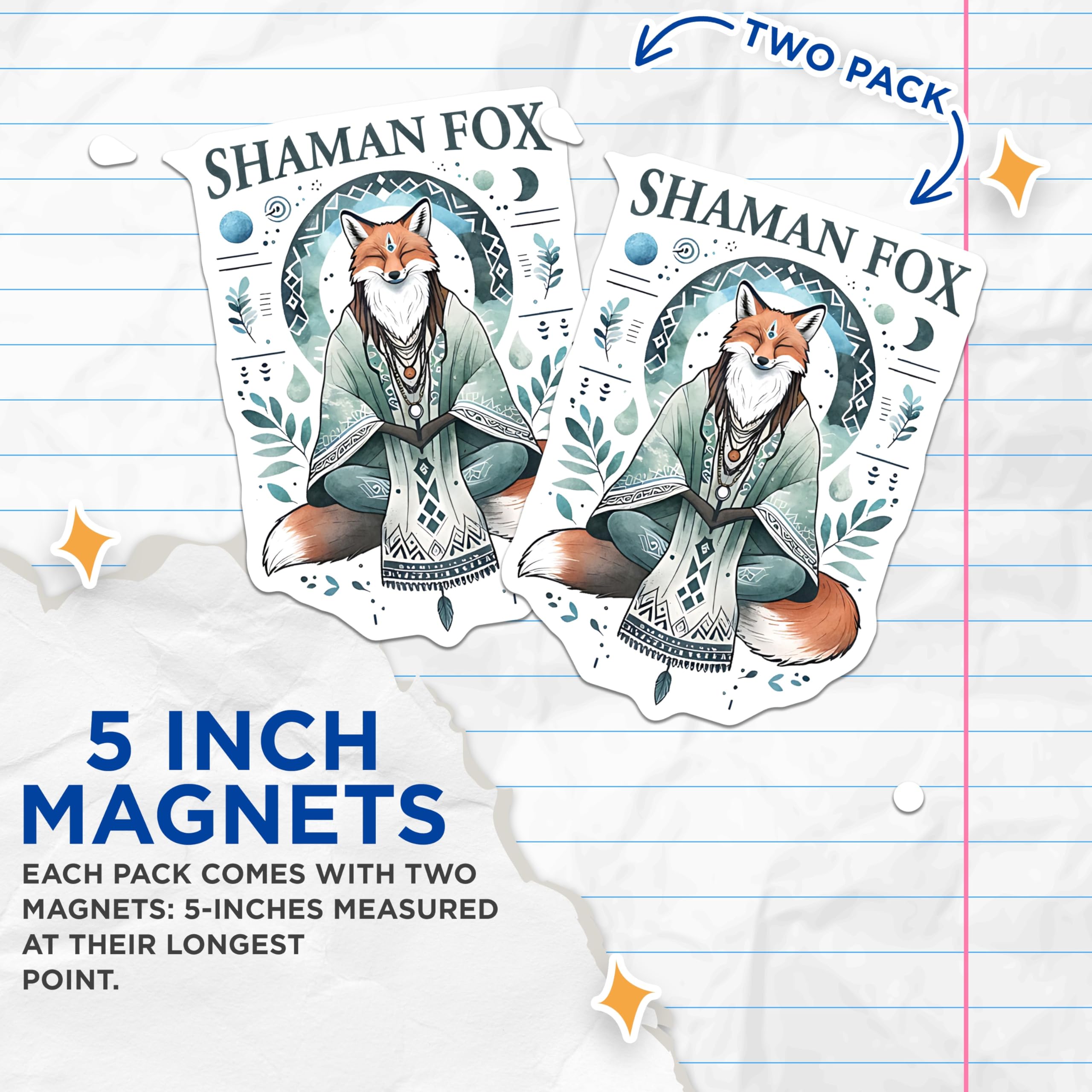 (2 Pack) Shaman Fox Magnets - Meditating Fox Art - Spiritual Nature Decor - Bohemian Zen Animal Spirit - Mystical Creature - 5 Inches On Longest Side - Thick Durable Magnet - Made in USA - MAG22396