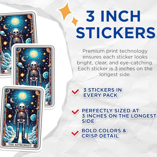 (3 Pack) Astronaut Skeleton Decals - Space Tarot Card - Laptop Decor - 3 Inches On Longest Side - Easy Peel & Apply - Made in USA - 3MCS4116
