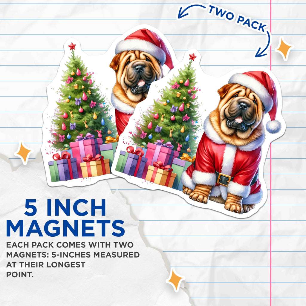 (2 Pack) Santa Shar Pei Magnets - Christmas Dog Decor - Holiday Pet Lover Art - 5 Inches On Longest Side - Thick Durable Magnet - Made in USA - MAG27096