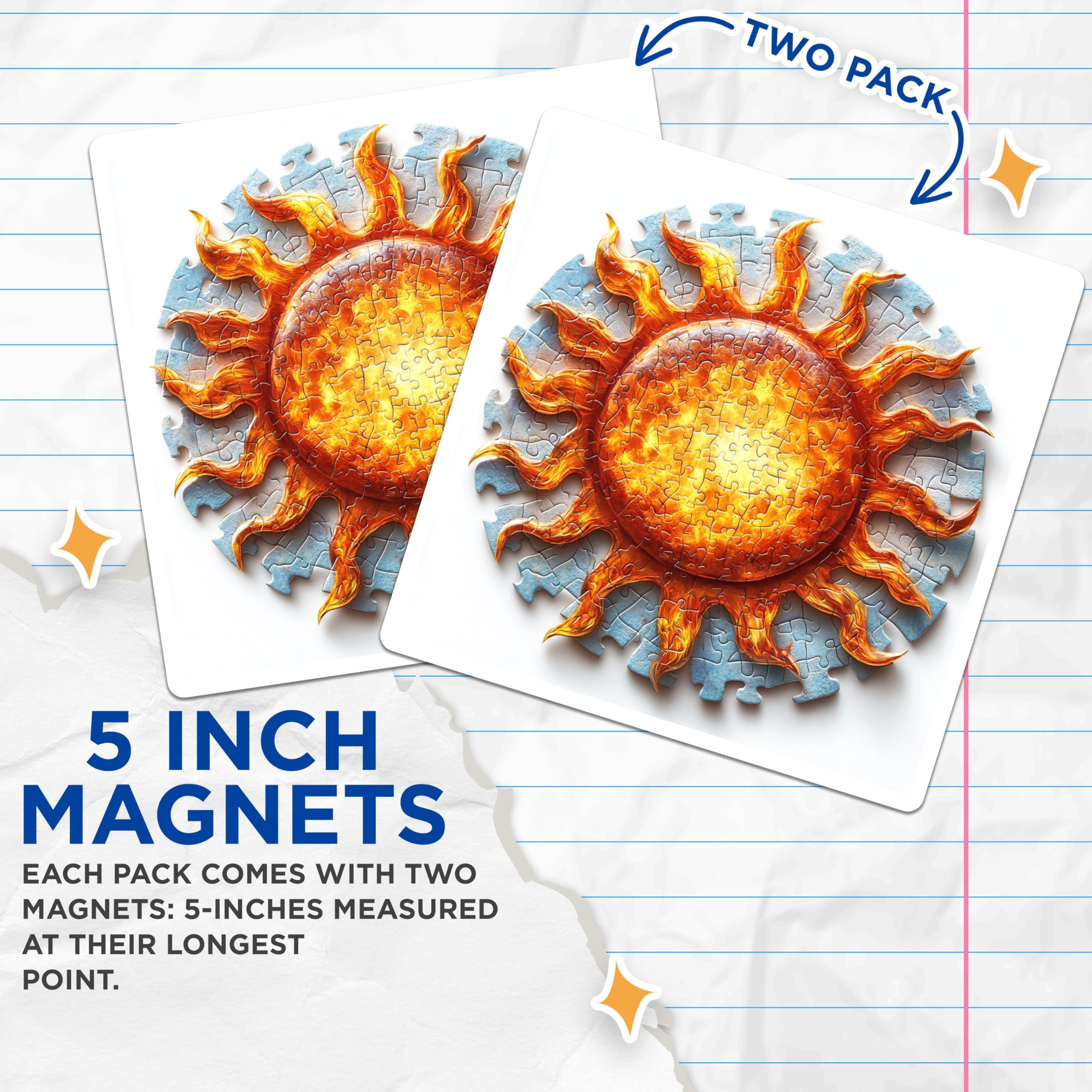 (2 Pack) Fiery Sun Puzzle Magnets - Solar Jigsaw Art Refrigerator Decor - Celestial Star Energy Kitchen Accent - 5 Inches On Longest Side - Thick Durable Magnet - Made in USA - MAG23328