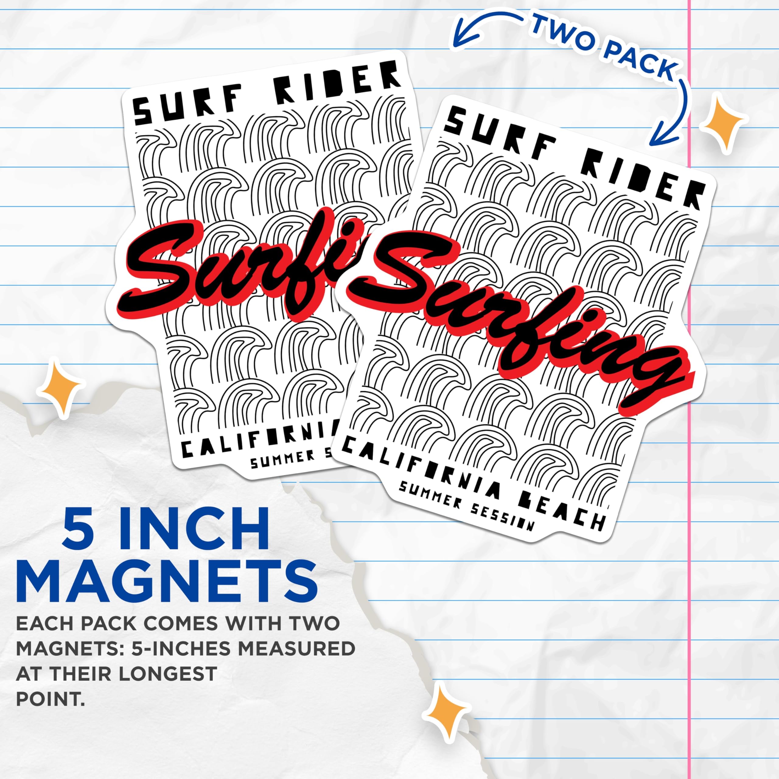 (2 Pack) Surf Rider Magnets - California Beach Waves - Summer Surfing Session - Retro Ocean Vibe - 5 Inches On Longest Side - Thick Durable Magnet - Made in USA - MAG19472