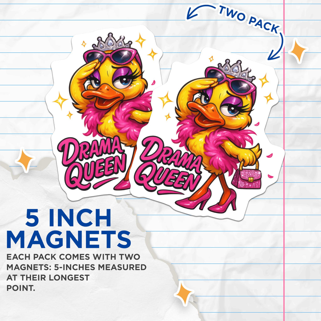 (2 Pack) Drama Queen Duck Magnets - Sassy Glamorous Diva Bird Character - Funny Fridge Locker Kitchen Appliance Decor - 5 Inches On Longest Side - Thick Durable Magnet - Made in USA - MAG21716