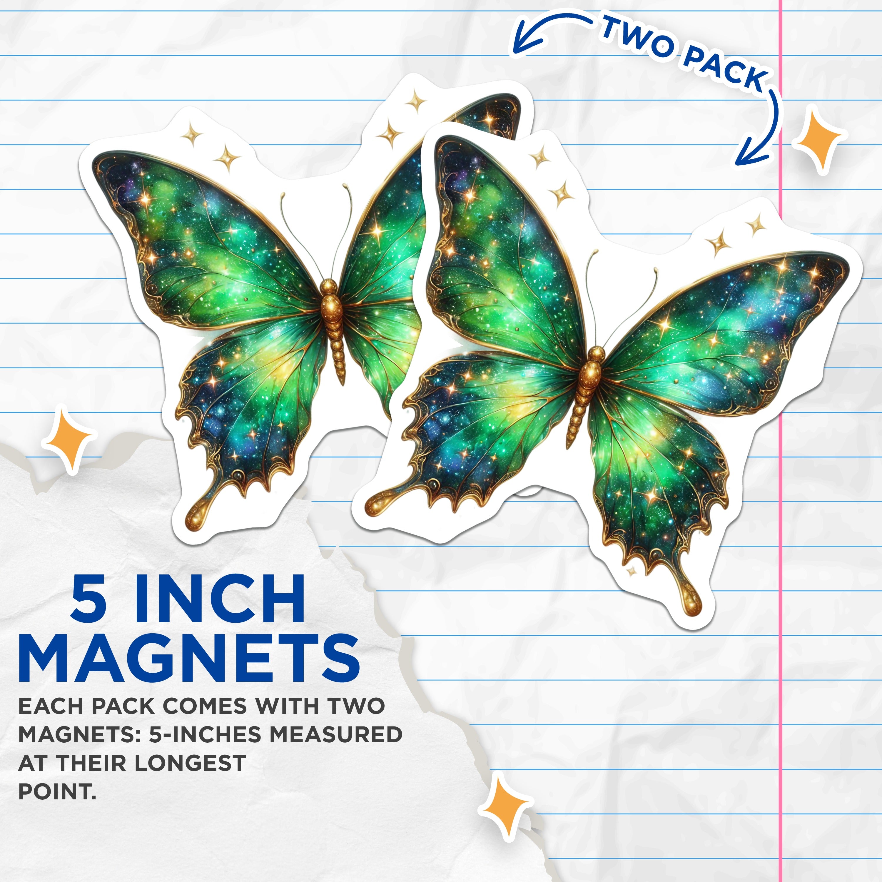 (2 Pack) Galaxy Butterfly Magnets - Celestial Fridge Decor - Whimsical Magical Nature Art - 5 Inches On Longest Side - Thick Durable Magnet - Made in USA - MAG38714