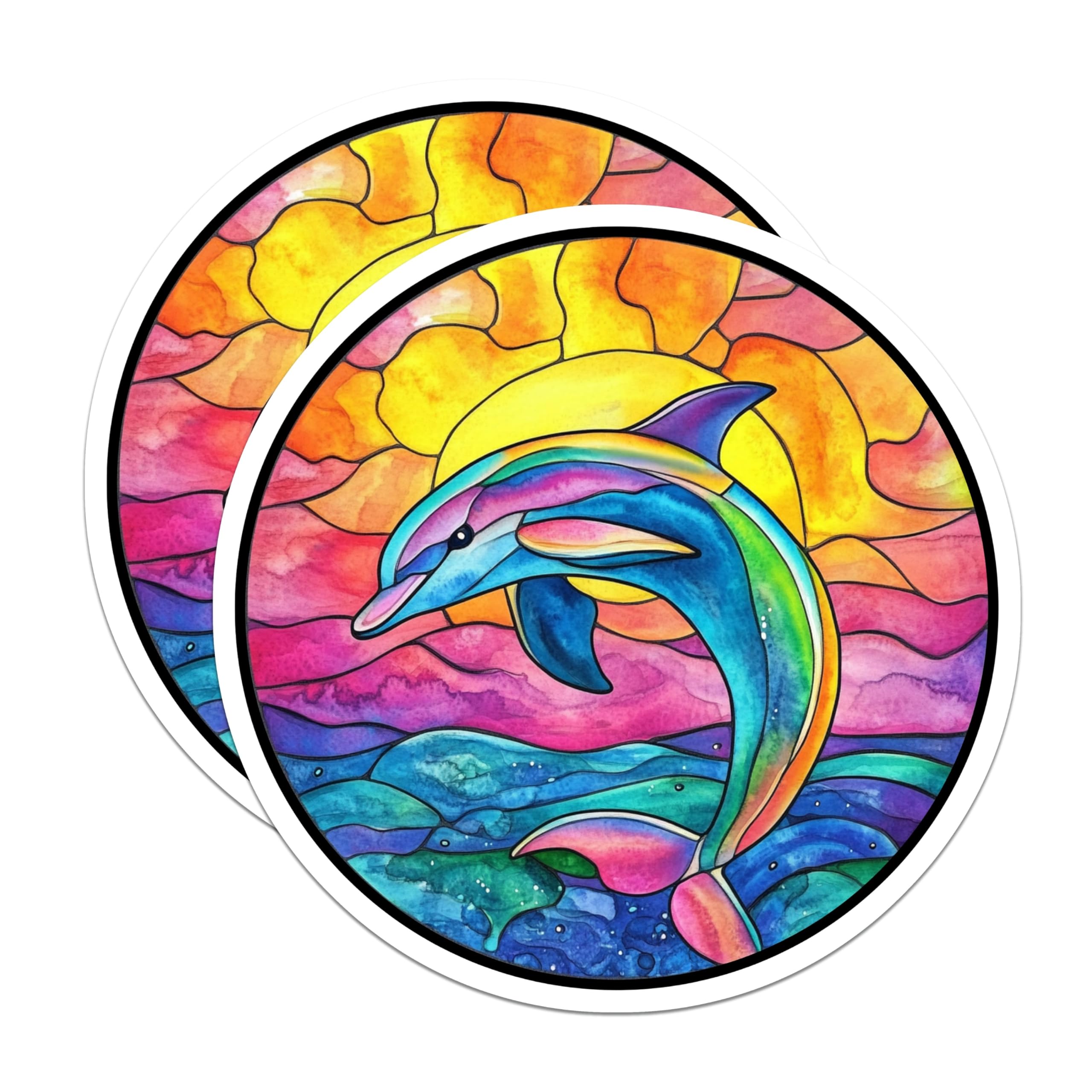 (2 Pack) Stained Glass Dolphin Magnets - Vibrant Ocean Art - Marine Life Decor for Kitchen Fridge - 5 Inches On Longest Side - Thick Durable Magnet - Made in USA - MAG29143
