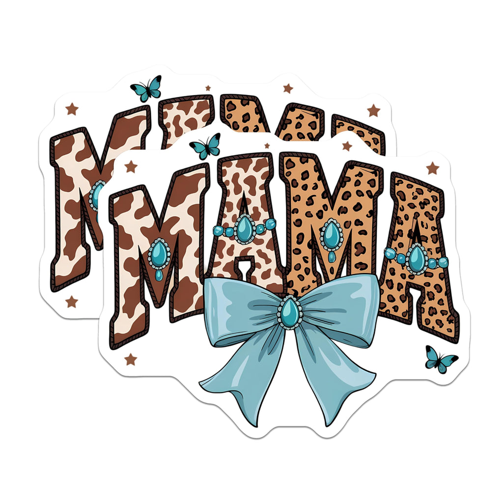 (2 Pack) Mama Magnets - Cow Print Leopard Design - Turquoise Bow Butterfly Accents - Western Boho Southwestern Mama - 5 Inches On Longest Side - Thick Durable Magnet - Made in USA - MAG20839
