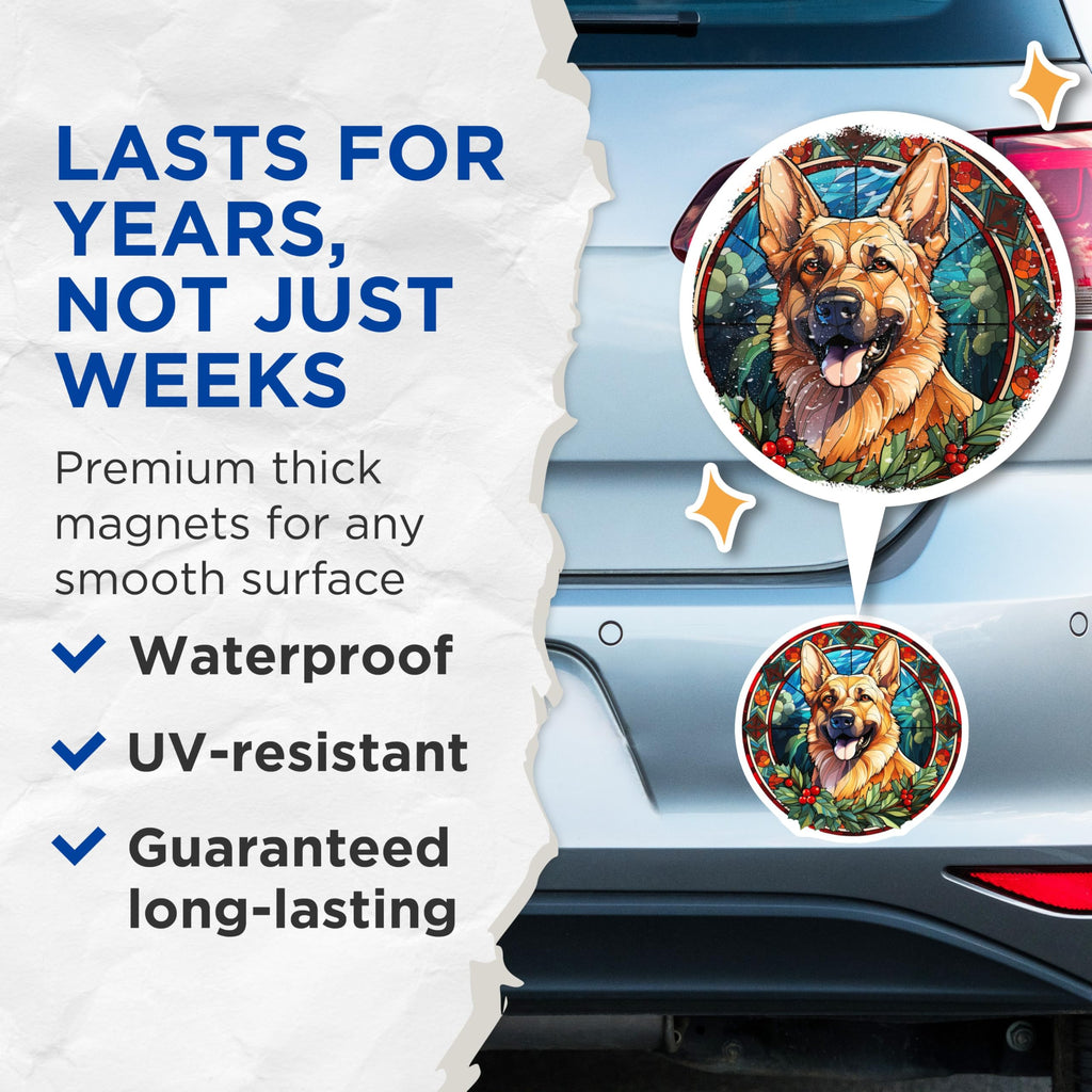 (2 Pack) German Shepherd Christmas Magnets - Stained Glass Dog Art - Holiday Decor for Pet Lovers - 5 Inches On Longest Side - Thick Durable Magnet - Made in USA - MAG28343