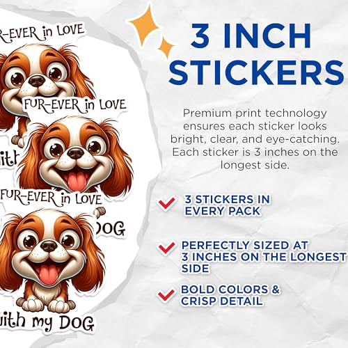 (3 Pack) Cavalier Spaniel Decals - Fur Ever in Love Decal - Dog Lover Laptop Decal - 3 Inches On Longest Side - Easy Peel & Apply - Made in USA - 3MCS1276