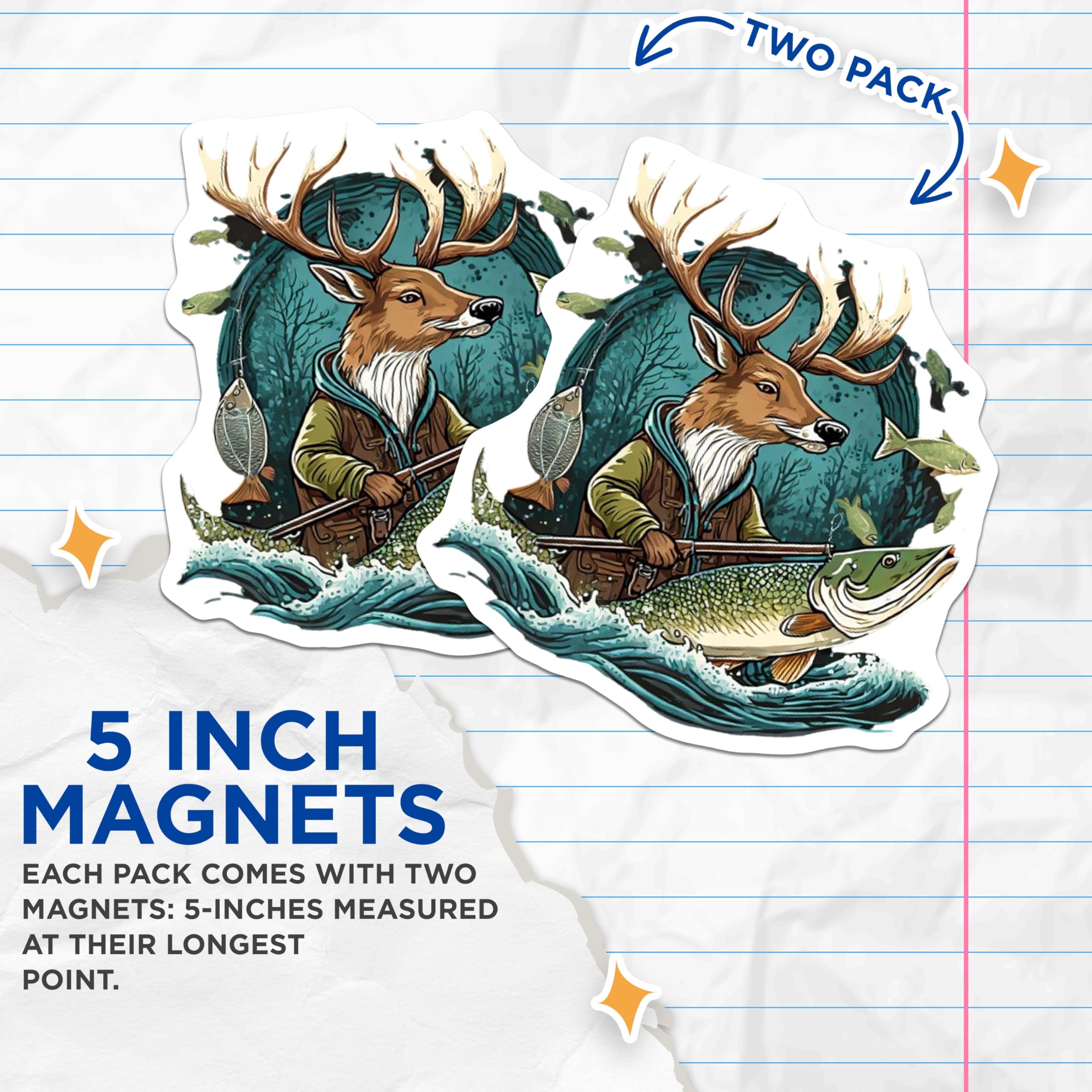 (2 Pack) Buck Deer Fishing Magnets - Woodland Angler Art - Rustic Cabin Decor for Outdoorsmen and Lake House Enthusiasts - 5 Inches On Longest Side - Thick Durable Magnet - Made in USA - MAG23136
