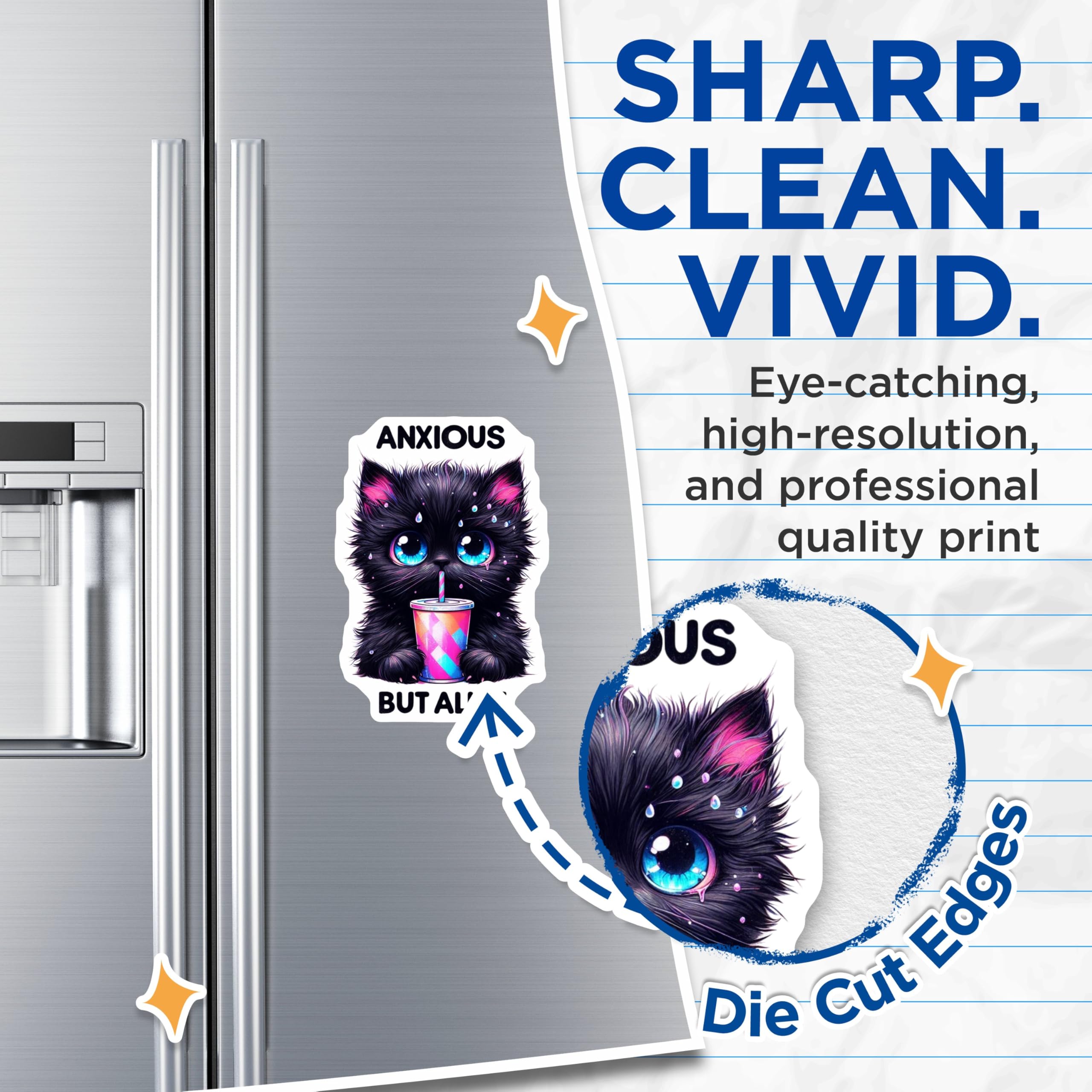 (2 Pack) Anxious But Alive Cat Magnets - Cute Black Cat - Inspirational Funny Magnet - Cat Lover - 5" On Longest Side - for Cars, Fridges, Toolboxes - Made in USA - MAG4592