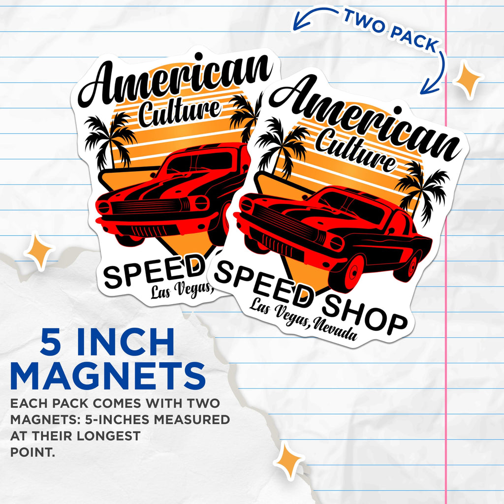 (2 Pack) American Culture Magnets - Classic Muscle Car Las Vegas - Retro Speed Shop Decor - 5 Inches On Longest Side - Thick Durable Magnet - Made in USA - MAG22033