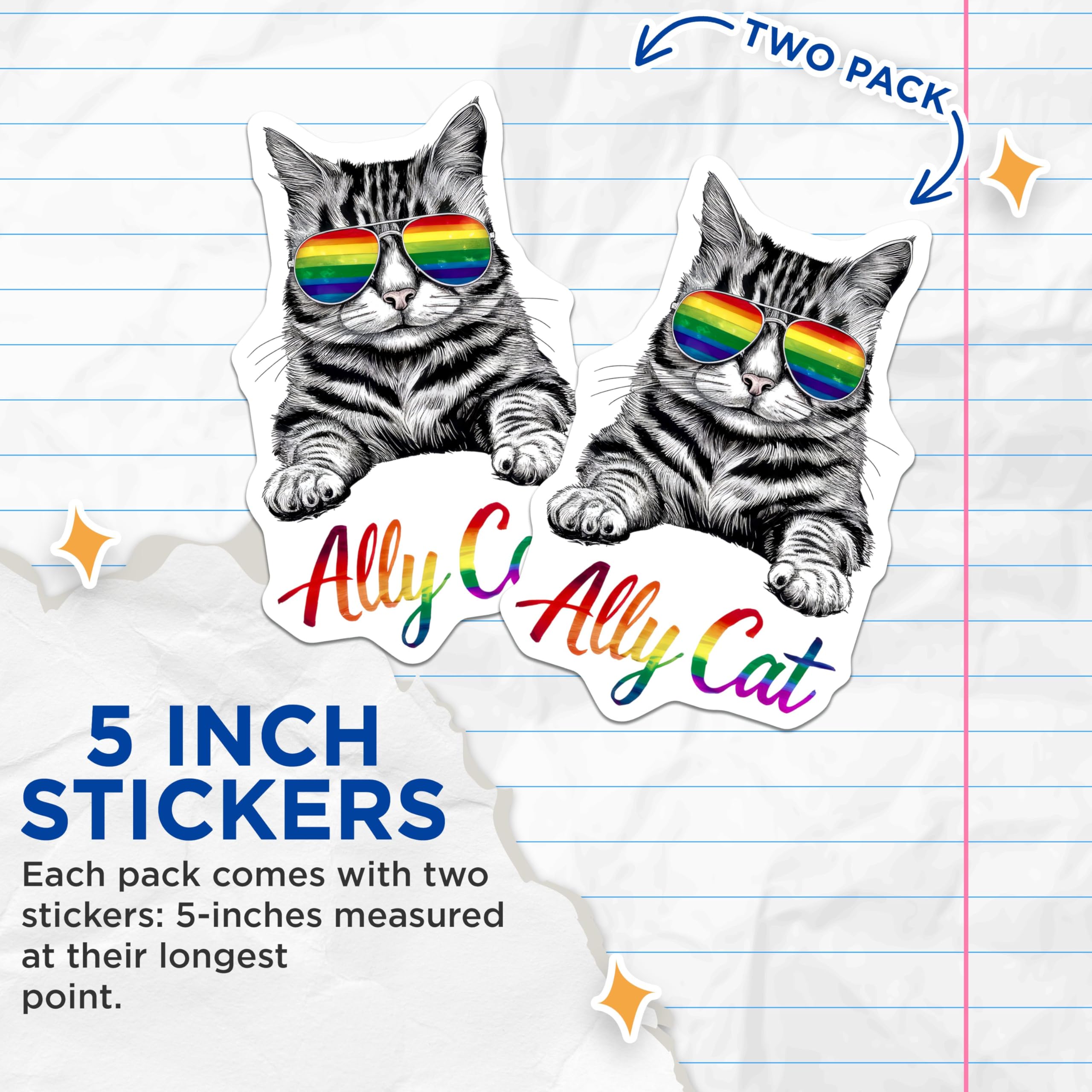(2 Pack) Ally Cat Stickers - LGBTQ Pride - Cool Cat Rainbow Sunglasses Stickers - 5" On Longest Side - Sticks to Smooth Flat Surfaces - Made in USA - BMCS9544