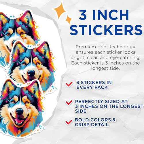 (3 Pack) Colorful Husky Decals - Dog Breed Sticker - Laptop Decal - 3 Inches On Longest Side - Easy Peel & Apply - Made in USA - 3MCS0623