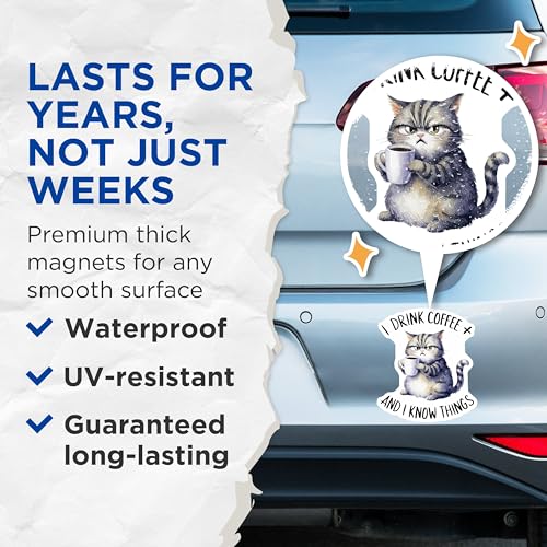 (2 Pack) Cat Lover Magnets - Coffee Drinking Cat Magnets - Funny Cat Quote Magnets - 5" On Longest Side - for Cars, Refrigerators, Toolboxes, Lockers - Made in USA BMCS3453