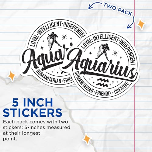 (2 Pack) Aquarius Stickers - Zodiac Sign Stickers - Astrology Stickers - Horoscope Stickers - Star Sign Stickers - 5" On Longest Side - Sticks to Smooth Flat Surfaces - Made in USA - BMCS4754