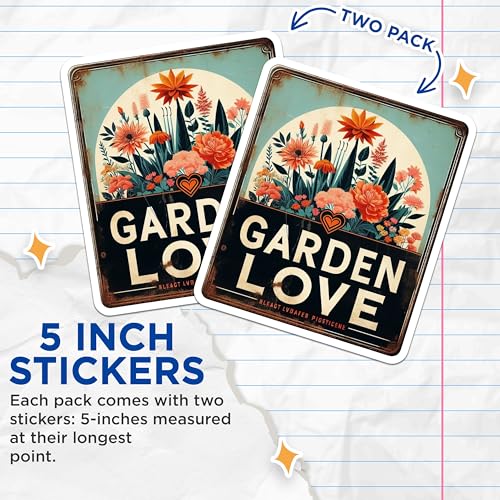 (2 Pack) Garden Love Stickers - Floral Decal - Vintage Retro Flower Design Sticker - 5" On Longest Side - Sticks to Smooth Flat Surfaces - Made in USA - BMCS7053