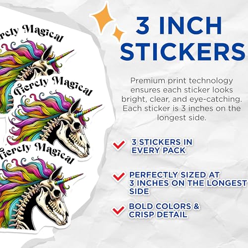 (3 Pack) Fiercely Magical Decals - Rainbow Unicorn Skull - Laptop Decal - 3 Inches On Longest Side - Easy Peel & Apply - Made in USA - 3MCS6818