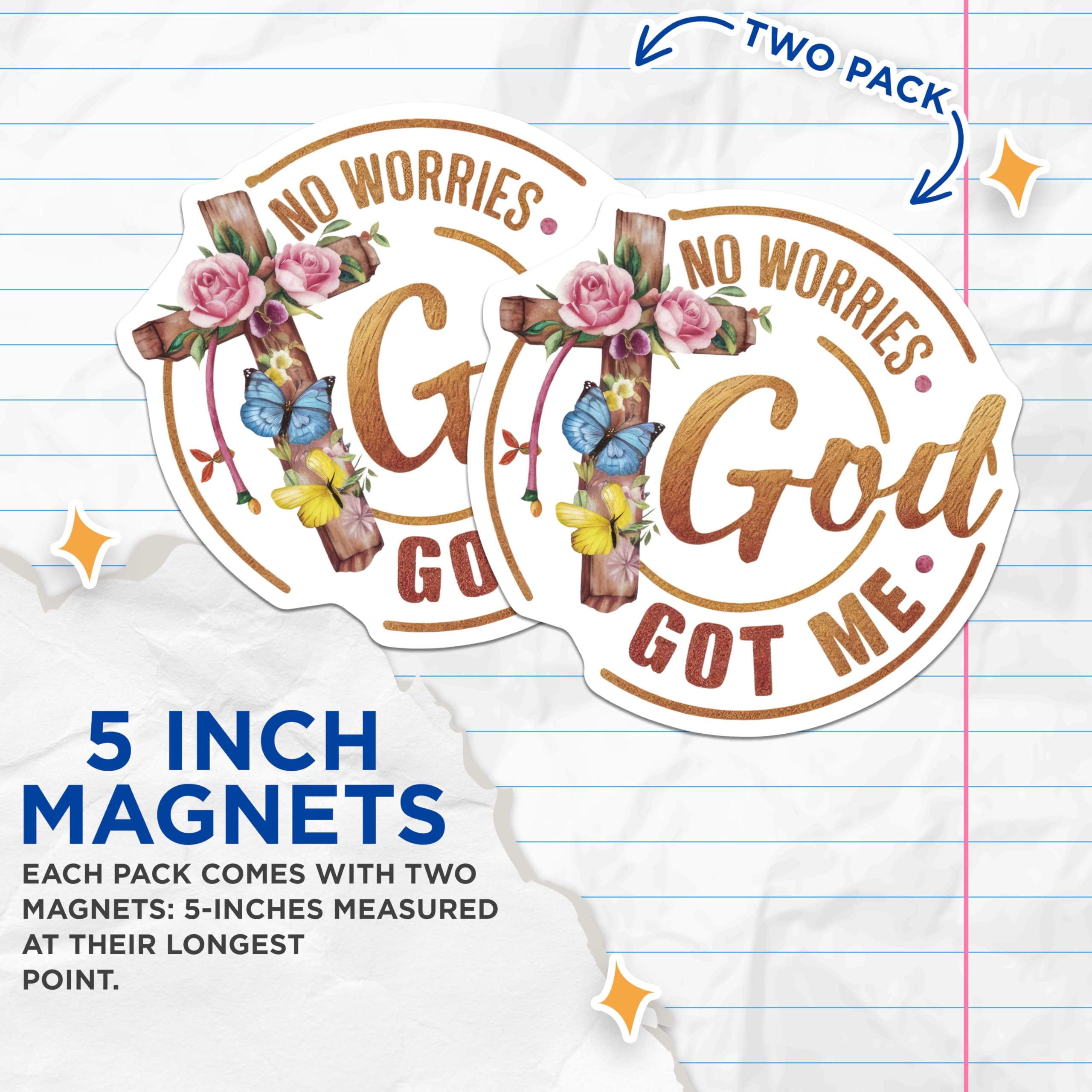(2 Pack) No Worries God Got Me Magnets - Inspirational Christian Faith Decor - Religious Refrigerator Accent - 5 Inches On Longest Side - Thick Durable Magnet - Made in USA - MAG30264