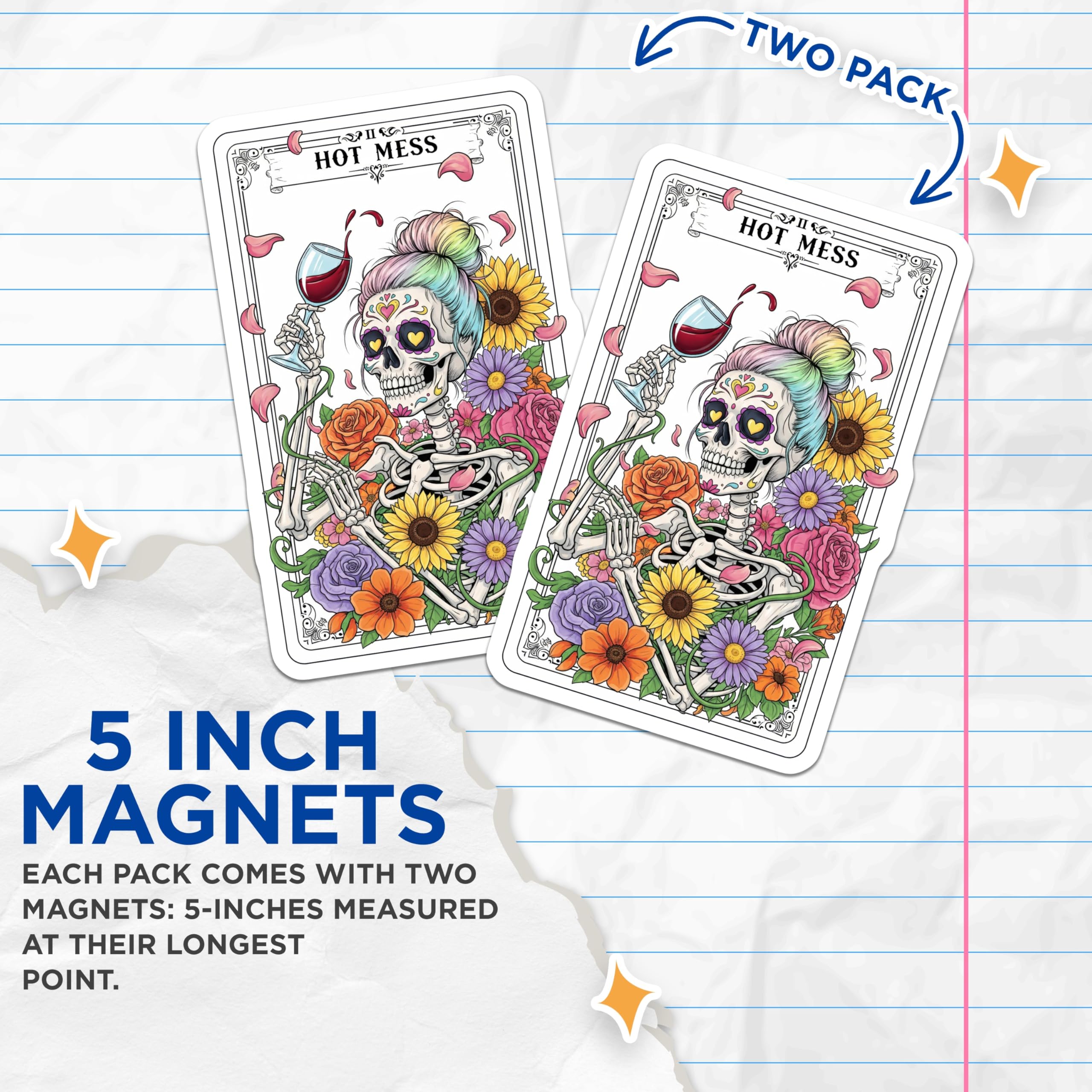 (2 Pack) Hot Mess Skeleton Magnets - Sugar Skull Decor - Wine Lover Refrigerator Magnets - 5" On Longest Side - Premium Magnet - for Cars, Refrigerators, Toolboxes, Lockers - Made in USA - MAG14538