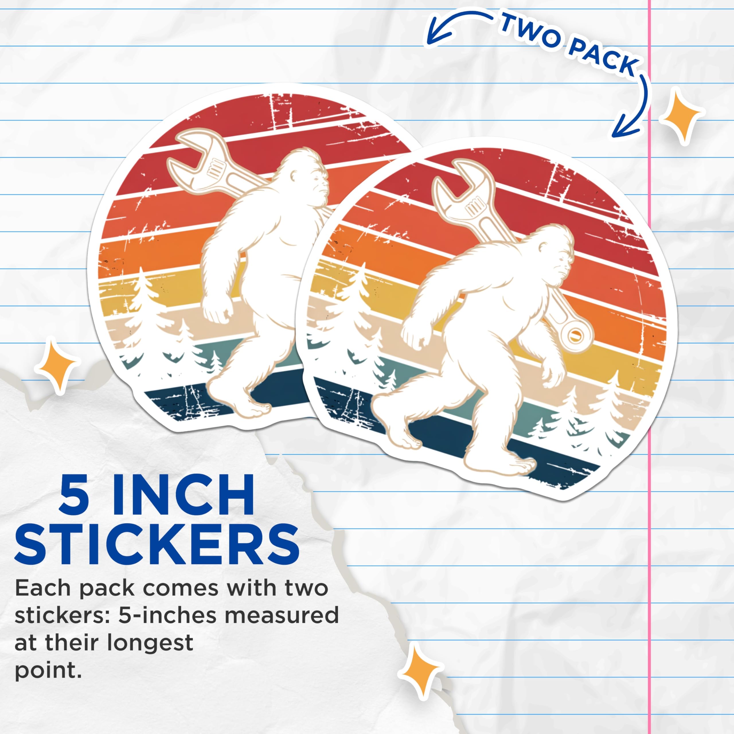 (2 Pack) Bigfoot Mechanic Stickers - Sasquatch Wrench Decals - Retro Sunset Outdoorsman - 5" On Longest Side - Sticks to Smooth Flat Surfaces - Made in USA - BMCS20416