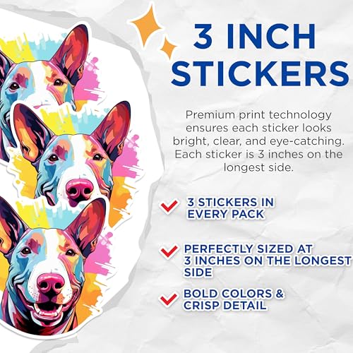 (3 Pack) Bull Terrier Decals - Colorful Dog Art - Laptop Decal - 3 Inches On Longest Side - Easy Peel & Apply - Made in USA - 3MCS0671