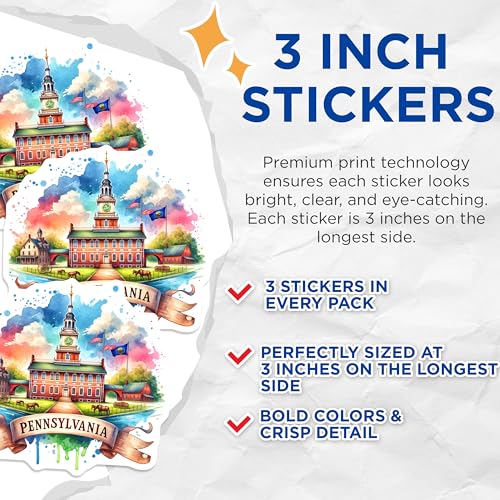 (3 Pack) Pennsylvania Decals - Watercolor State - Travel Souvenir- 3 Inches On Longest Side - Easy Peel & Apply - Made in USA - 3MCS5503