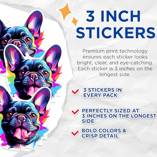 (3 Pack) French Bulldog Decals - Colorful Dog Stickers - Laptop Decals - 3 Inches On Longest Side - Easy Peel & Apply - Made in USA - 3MCS0732