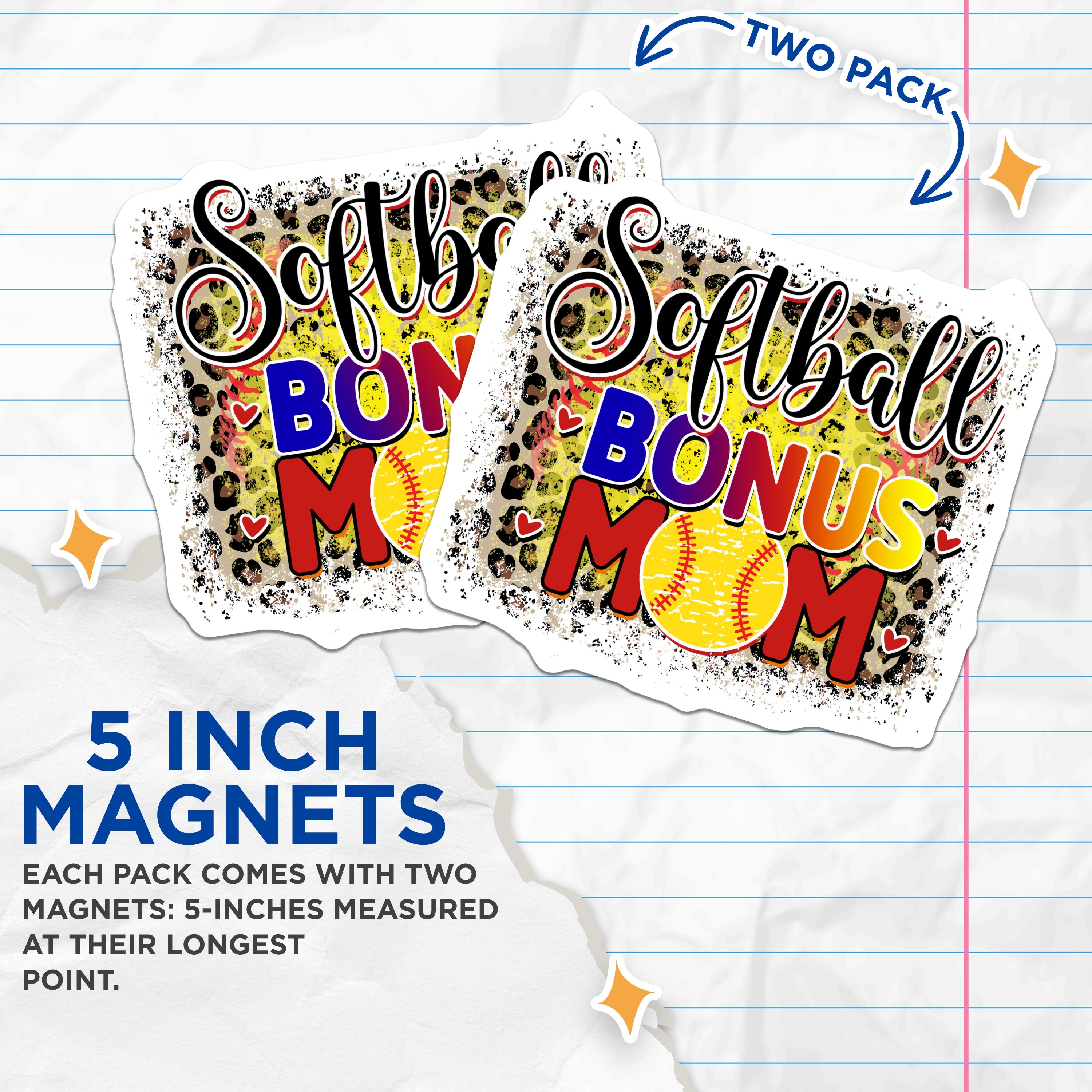 (2 Pack) Softball Bonus Mom Magnets - Leopard Print Sports Mom - Stepmom Player Support Game Day Accessory - 5 Inches On Longest Side - Thick Durable Magnet - Made in USA - MAG37013