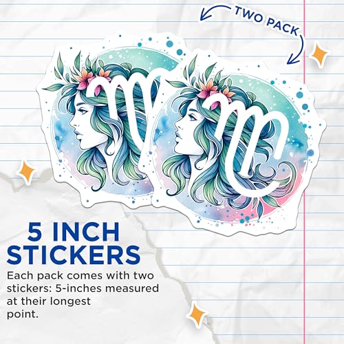 (2 Pack) Zodiac Sign Stickers - Artistic Horoscope Decal - Virgo Astrology Sign - 5" On Longest Side - Sticks to Smooth Flat Surfaces - Made in USA - BMCS6784
