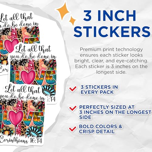 (3 Pack) Love Scripture Decals - Corinthians Quote - Christian Laptop Decal - 3 Inches On Longest Side - Easy Peel & Apply - Made in USA - 3MCS4997