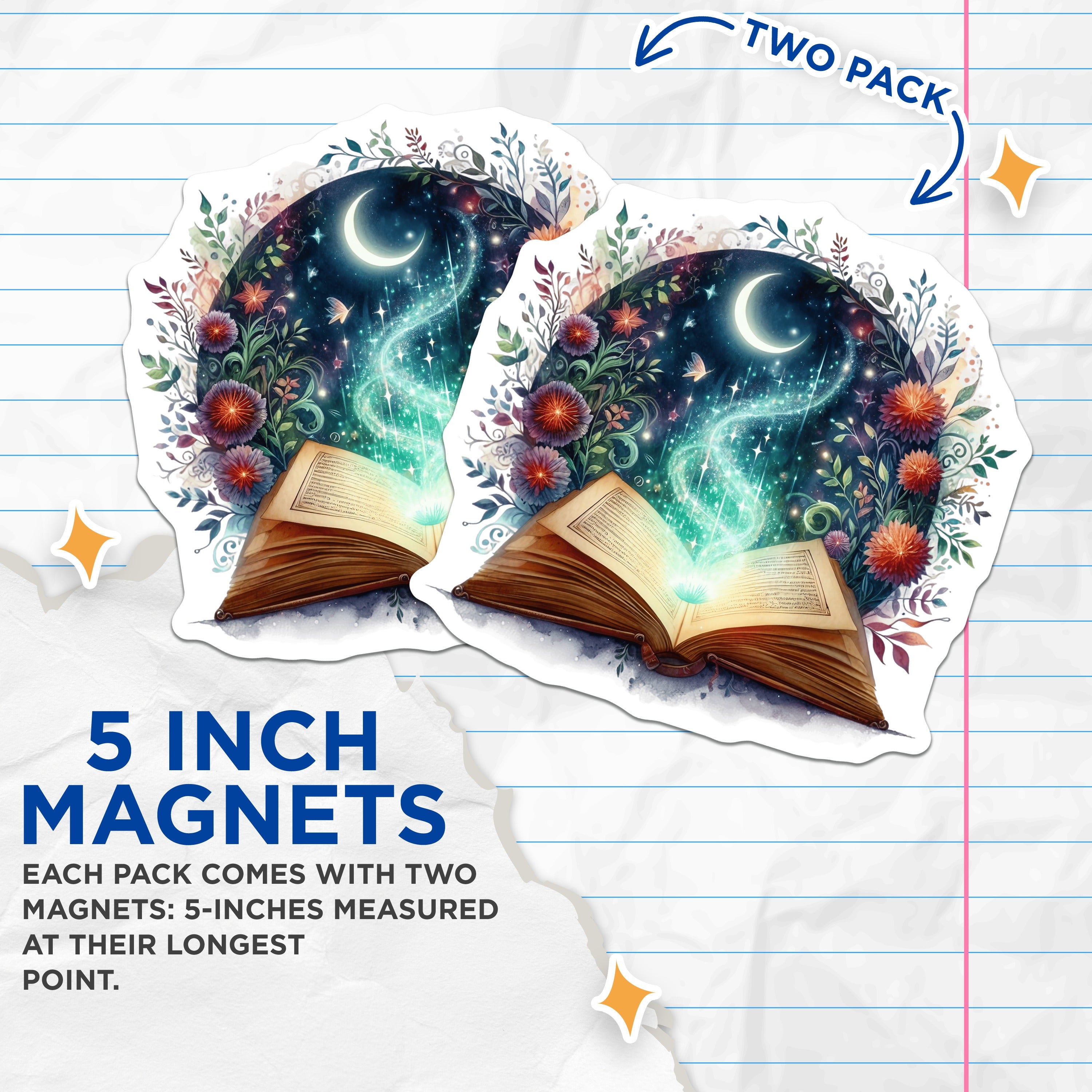 (2 Pack) Magical Book Magnets - Celestial Fantasy Reader Decor - Witchy Aesthetic Planner Accessories - 5 Inches On Longest Side - Thick Durable Magnet - Made in USA - MAG37097