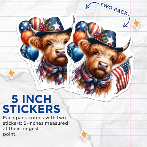 (2 Pack) American Flag Cow Stickers - Cute Patriotic Animal - Independence Day Celebration - 5" On Longest Side - Sticks to Smooth Flat Surfaces - Made in USA - BMCS6375