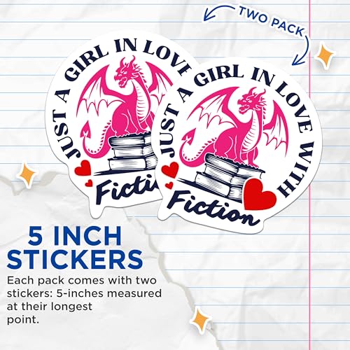 (2 Packs) Just A Girl in Love with Fiction Stickers - Book Reader Love to Read Decals - 5 Inches On Longest Side - Premium Vinyl Decal - Sticks to Any Smooth Flat Surface - Made in USA - BMCS2300
