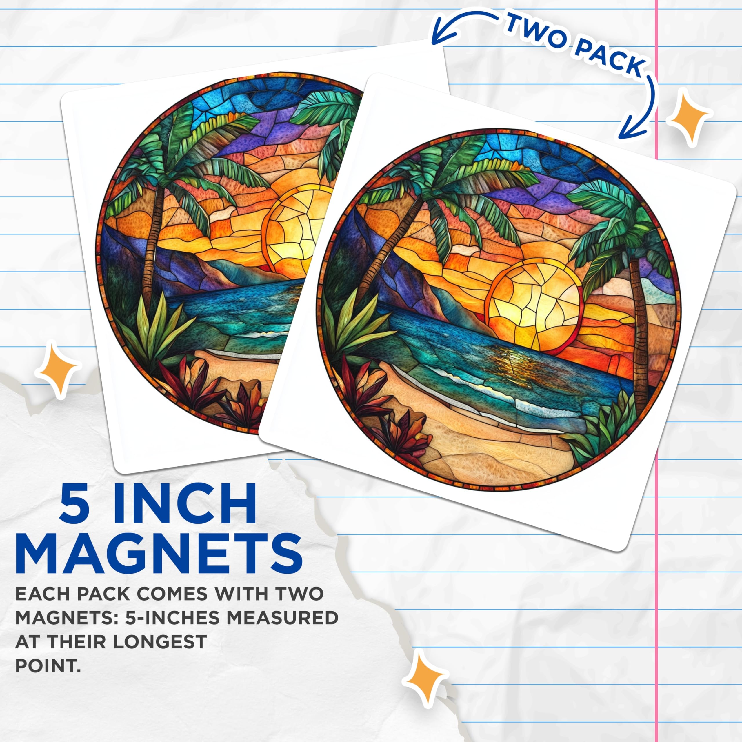 (2 Pack) Stained Glass Sunset Magnets - Tropical Ocean Beach Decor - Vibrant Palm Tree Art Round Design Aesthetic - 5 Inches On Longest Side - Thick Durable Magnet - Made in USA - MAG24204