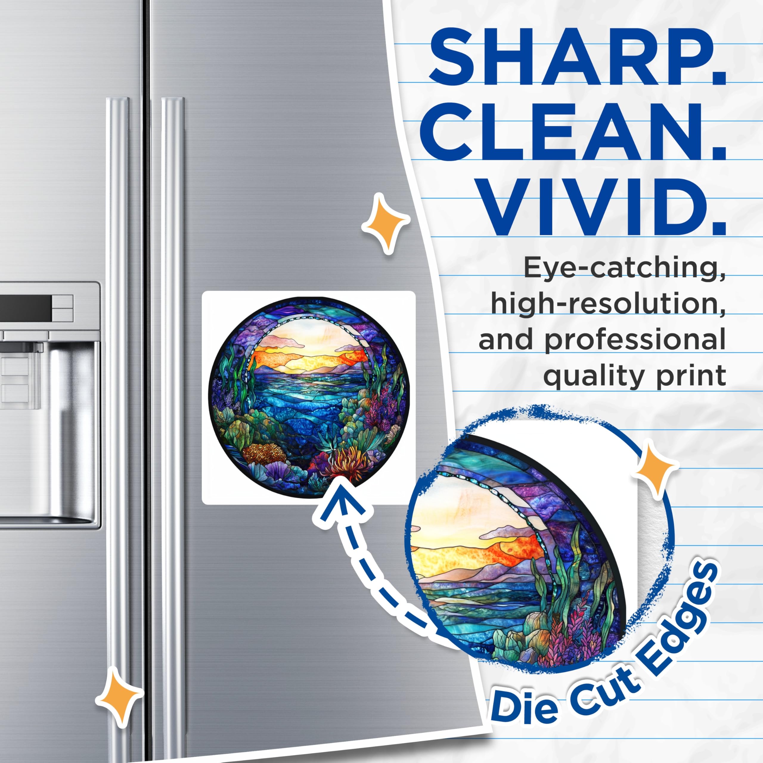 (2 Pack) Stained Glass Ocean Magnets - Vibrant Underwater Reef Scene - Colorful Marine Life Decor - Beach House Aesthetic - 5 Inches On Longest Side - Thick Durable Magnet - Made in USA - MAG23587