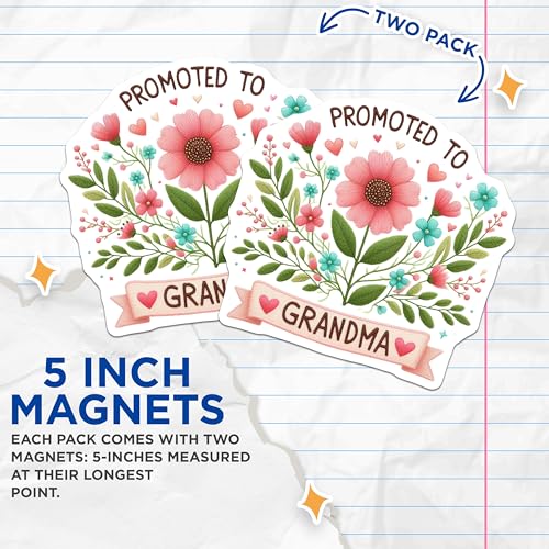 (2 Pack) Promoted to Grandma Magnets - Floral Design - Grandma's Kitchen Decor - 5" On Longest Side - for Cars, Fridges, Toolboxes - Made in USA - MAG6866