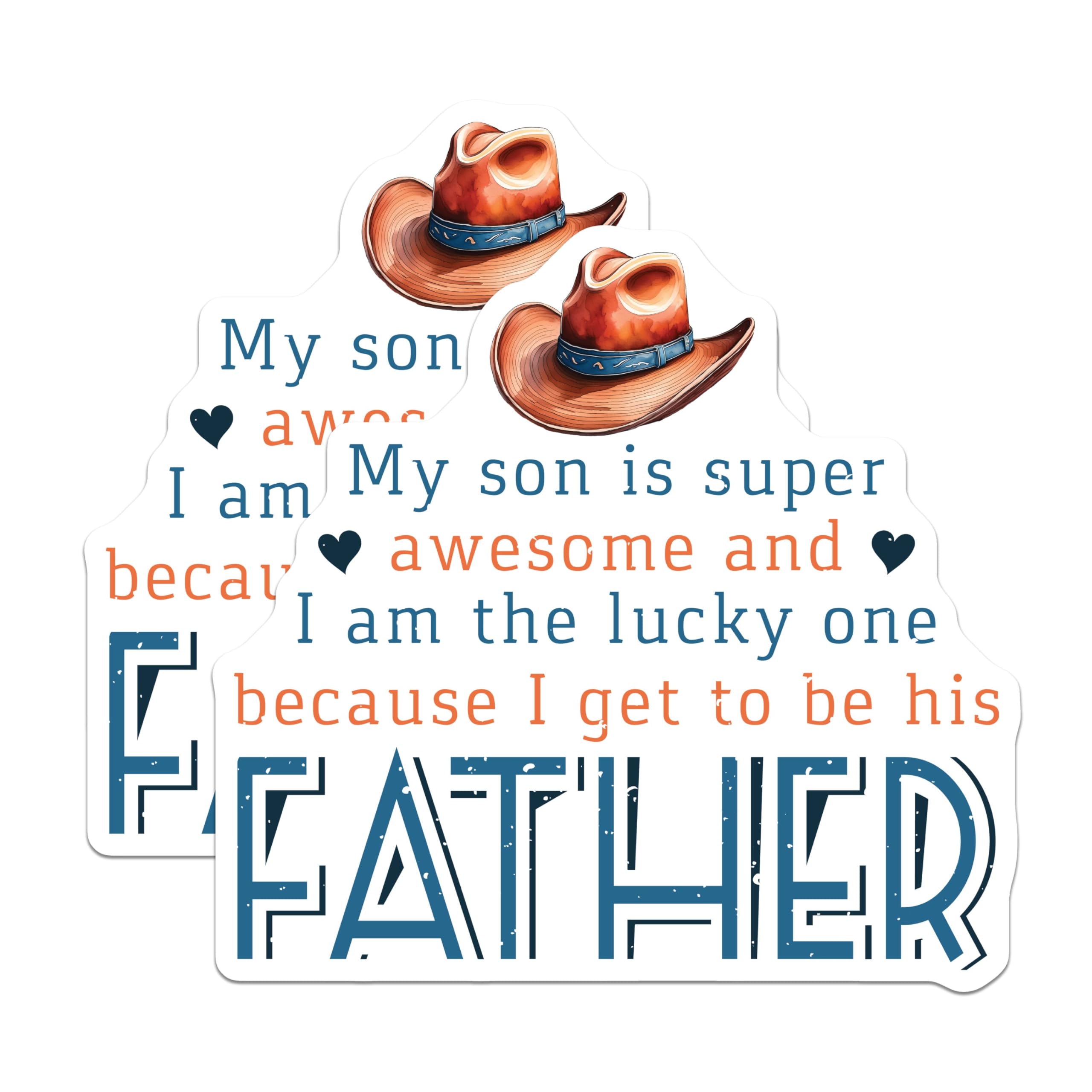 (2 Pack) Father Quote Stickers - Inspirational Dad Stickers - My Son is Awesome Decal - 5" On Longest Side - Sticks to Smooth Flat Surfaces - Made in USA - BMCS4149