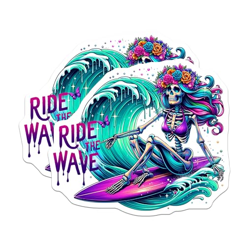 (2 Pack) Ride The Wave Stickers - Skeleton Surfer Sticker - Flower Crown Surfer Sticker - 5" On Longest Side - Sticks to Smooth Flat Surfaces - Made in USA - BMCS9606