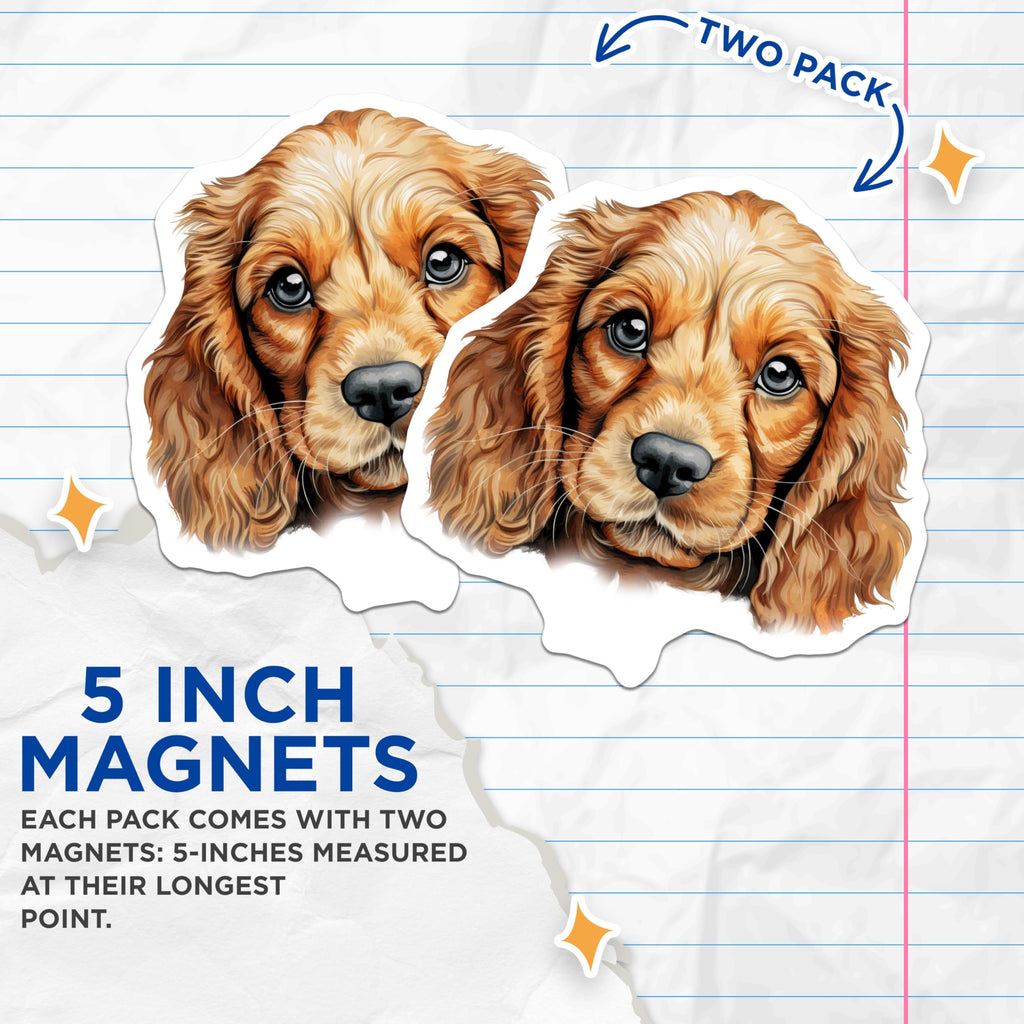 (2 Pack) Cocker Spaniel Puppy Magnets - Adorable Dog Face - Pet Lover Home Decor - 5 Inches On Longest Side - Thick Durable Magnet - Made in USA - MAG29913